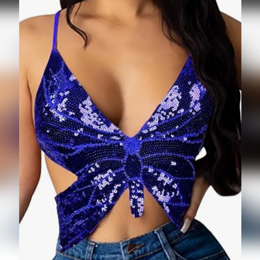 kayamiya Blue Sequin Butterfly Backless Sparkly Self-tie Top OSFM